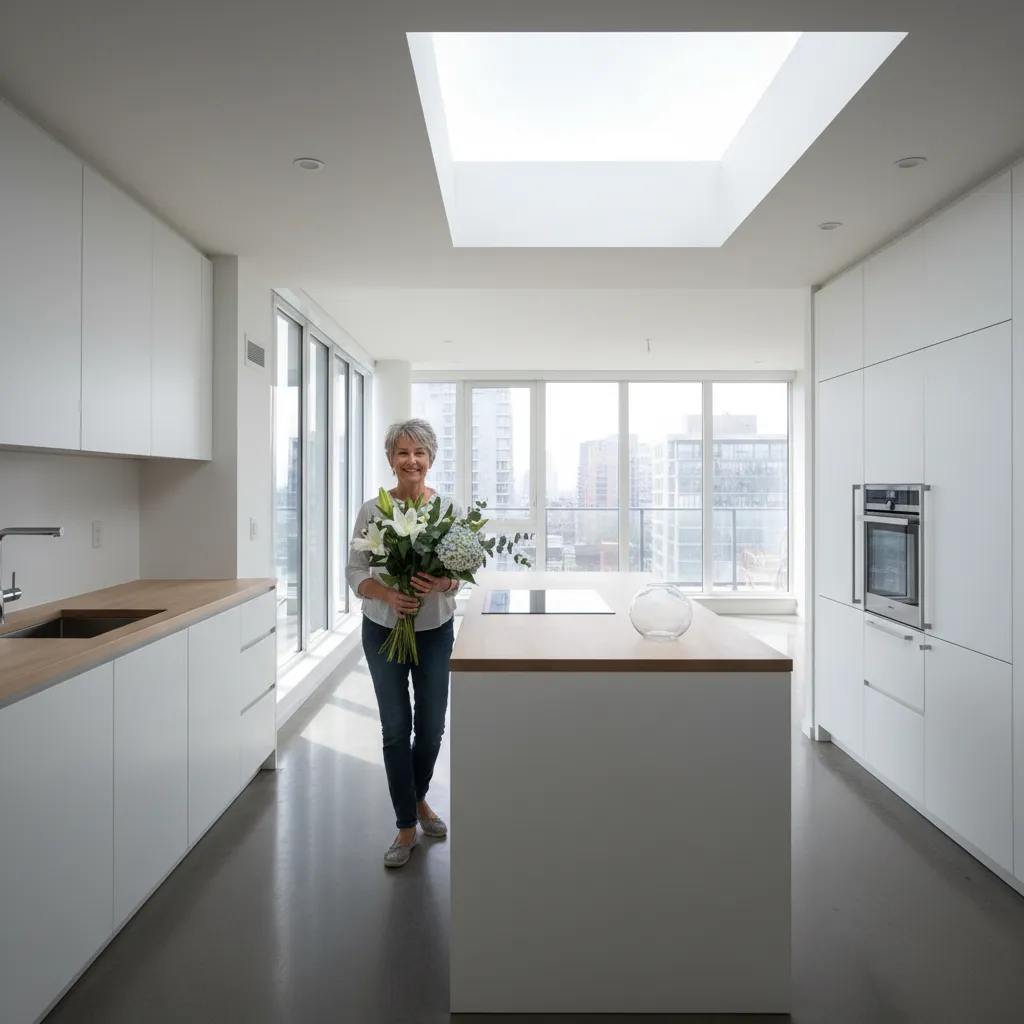 Retired woman with short gray hair, standing in her new condo's kitchen, holding a bouquet and smiling. The space is bright and modern, reflecting a successful downsizing experience.