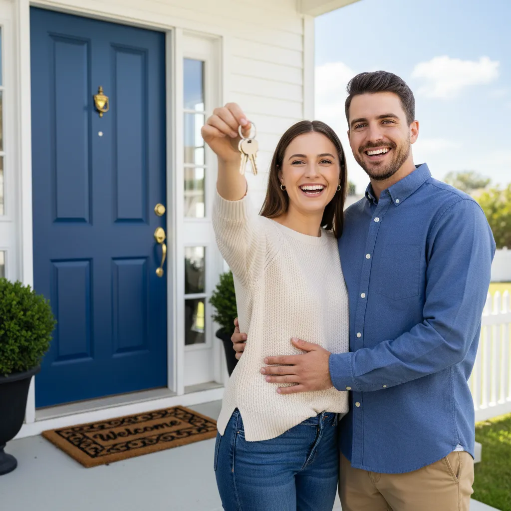 Happy young couple holding house keys in front of their new home, smiling and embracing. The background shows a freshly painted door and a welcome mat, symbolizing a successful first-time home purchase.