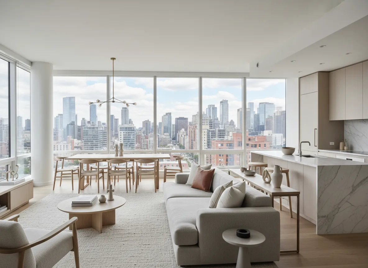 City condo interior with large windows