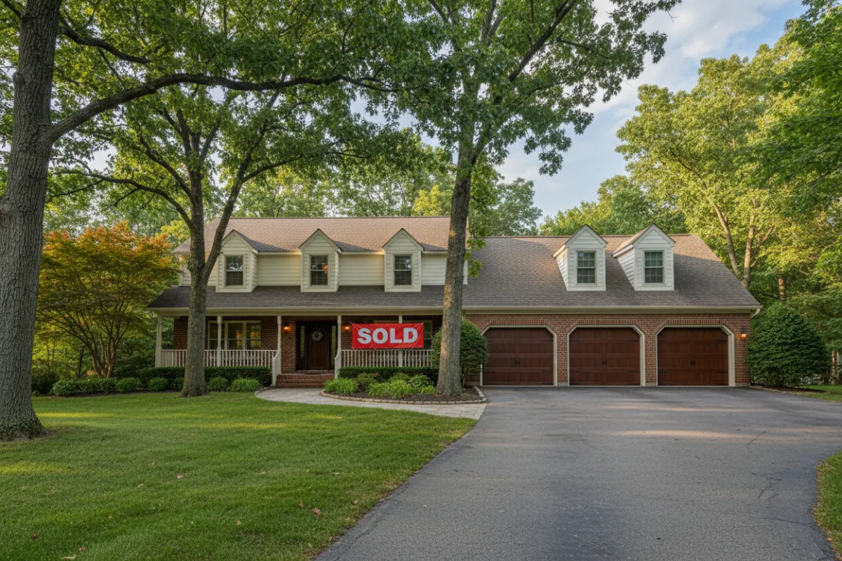 Spacious suburban house with a three-car garage, mature trees, and a 'Sold' banner. The home is classic in style, perfect for growing families seeking comfort and privacy.