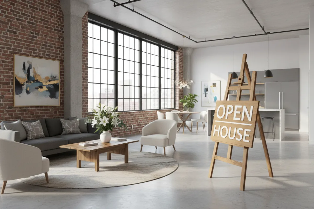 Chic city loft with exposed brick, large windows, and open house signage; staged with modern furniture and fresh flowers.