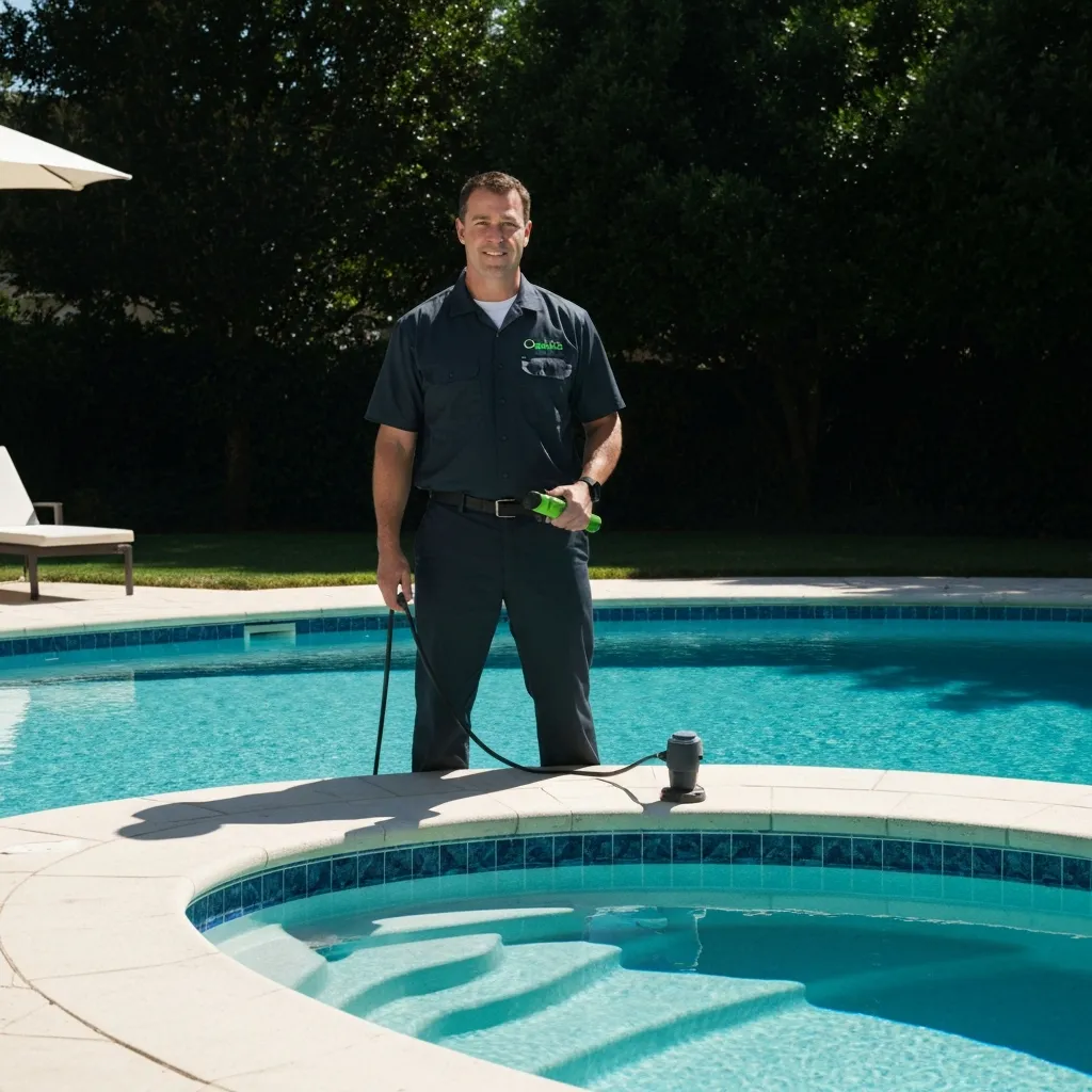 Professional Oasis technician inspecting pool equipment