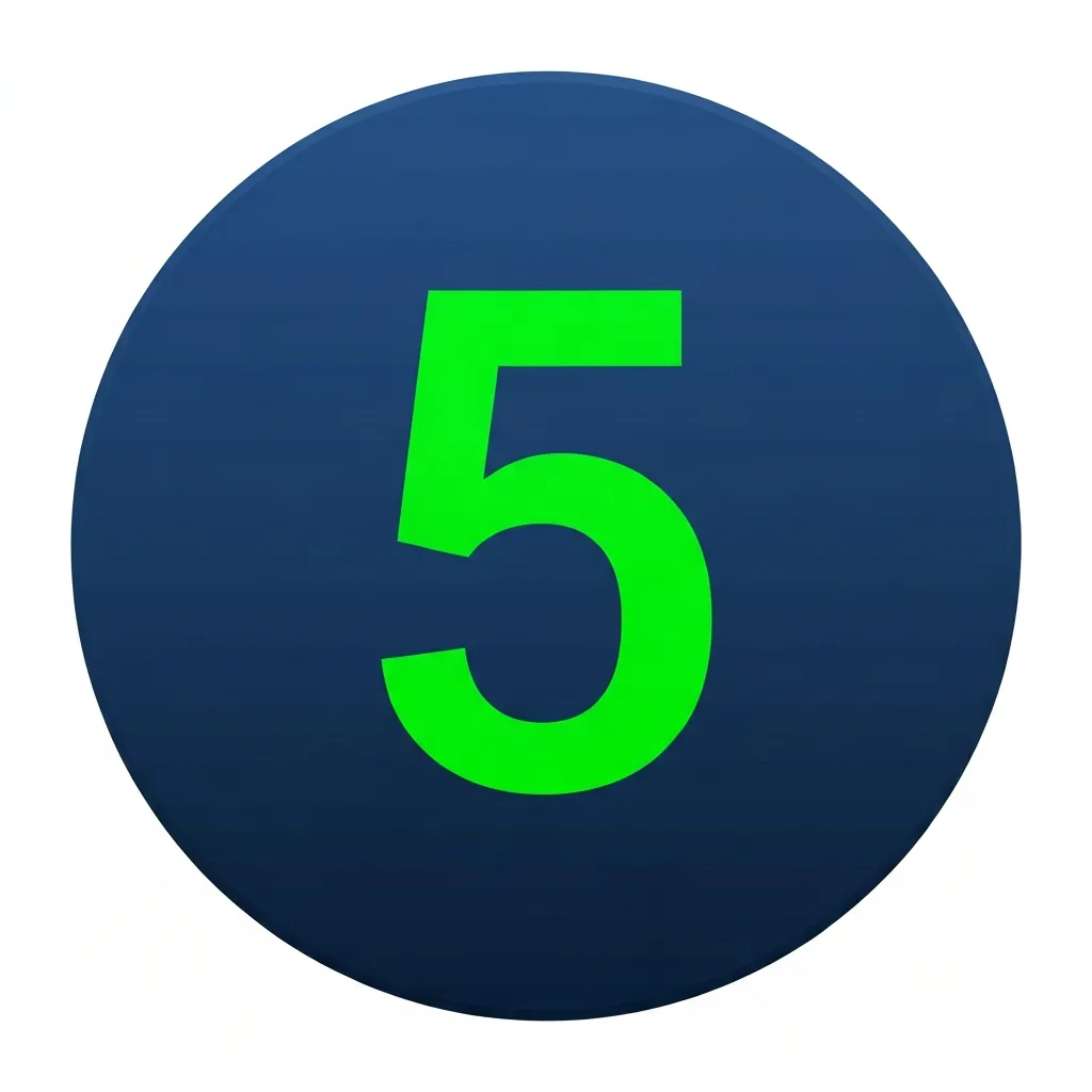 Circular dark blue badge with the number 5 in bright green