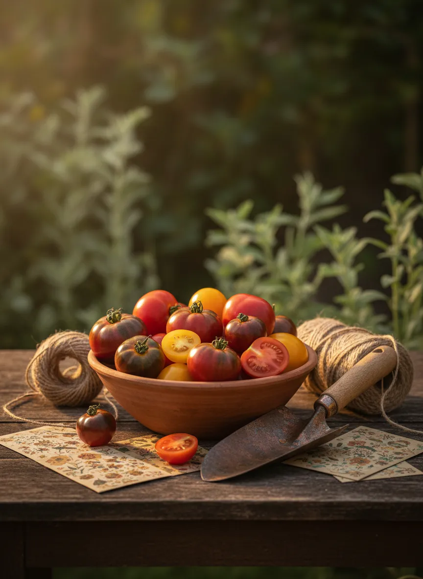 Terracotta-toned fresh produce and natural gardening supplies at the community garden