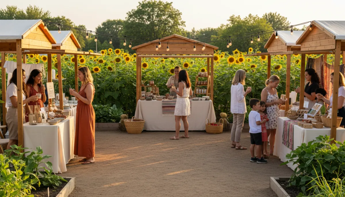 Vendors and neighbors enjoying an outdoor summer market in a community garden