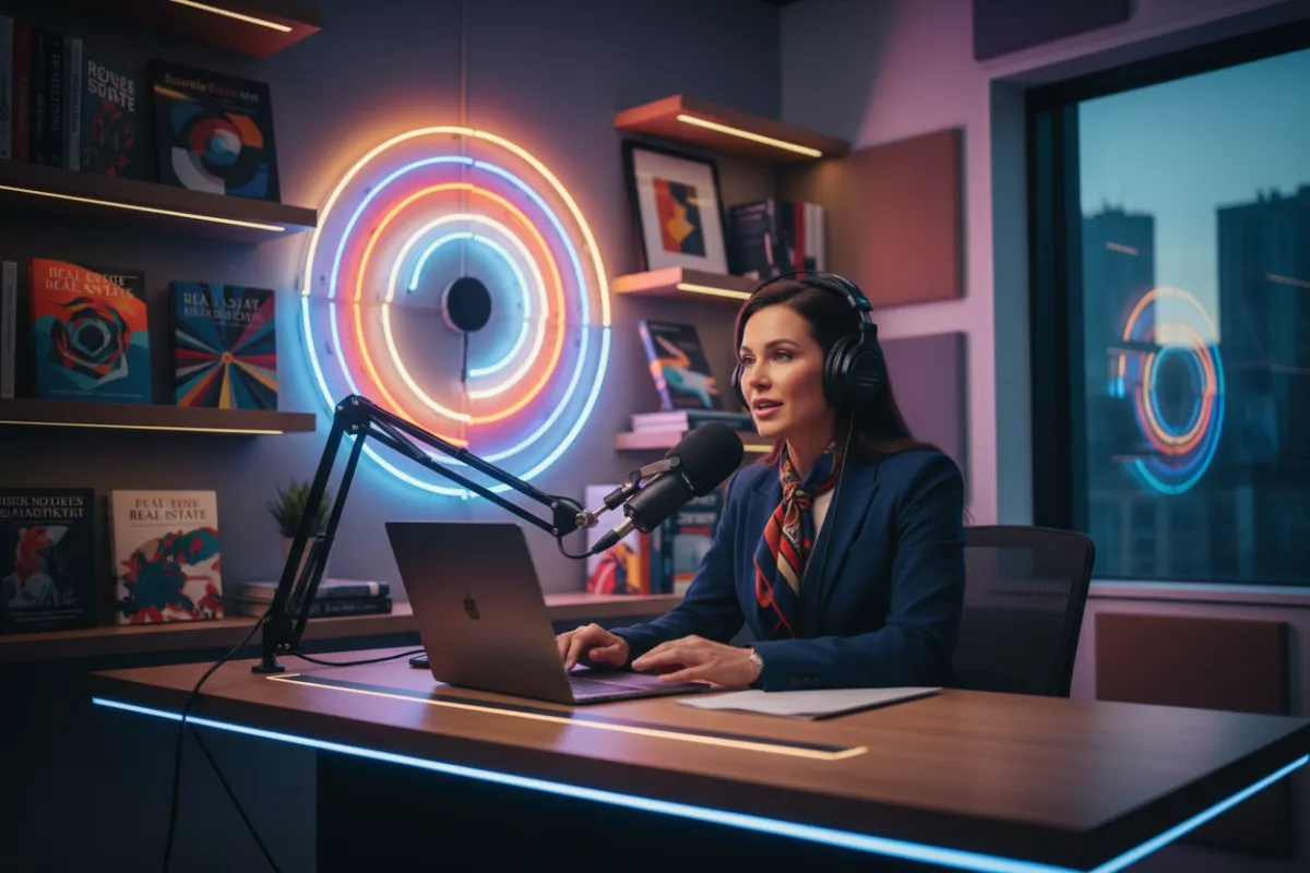 A confident real estate agent in a modern podcast studio, speaking into a microphone with headphones on, surrounded by real estate books and a laptop, vibrant lighting, 3:2 aspect ratio