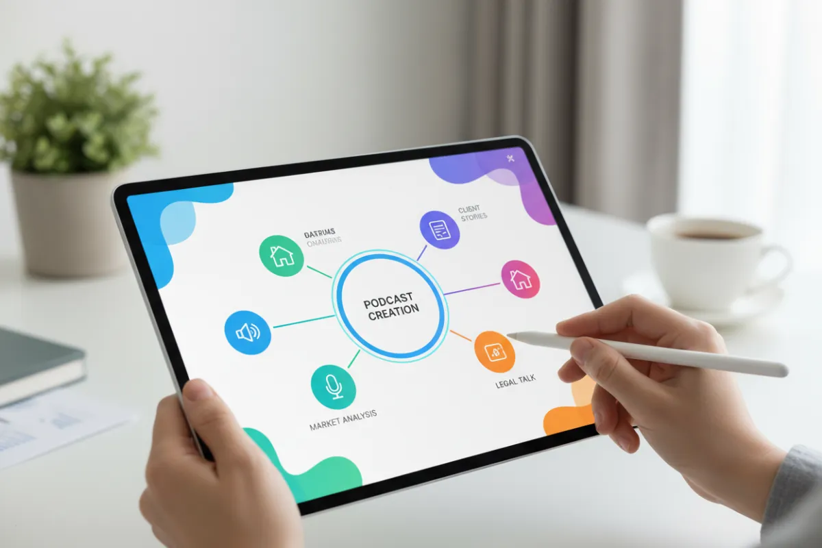 A digital course preview on a tablet, showing interactive podcasting modules for real estate agents, with colorful UI elements and a hand holding a stylus, 3:2 aspect ratio
