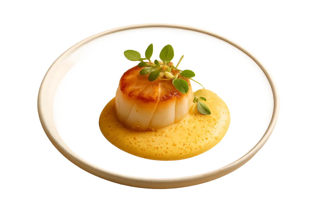 Isolated plated signature dish — a single seared scallop with microgreens and saffron foam, studio-lit on a white background, shadow-free.