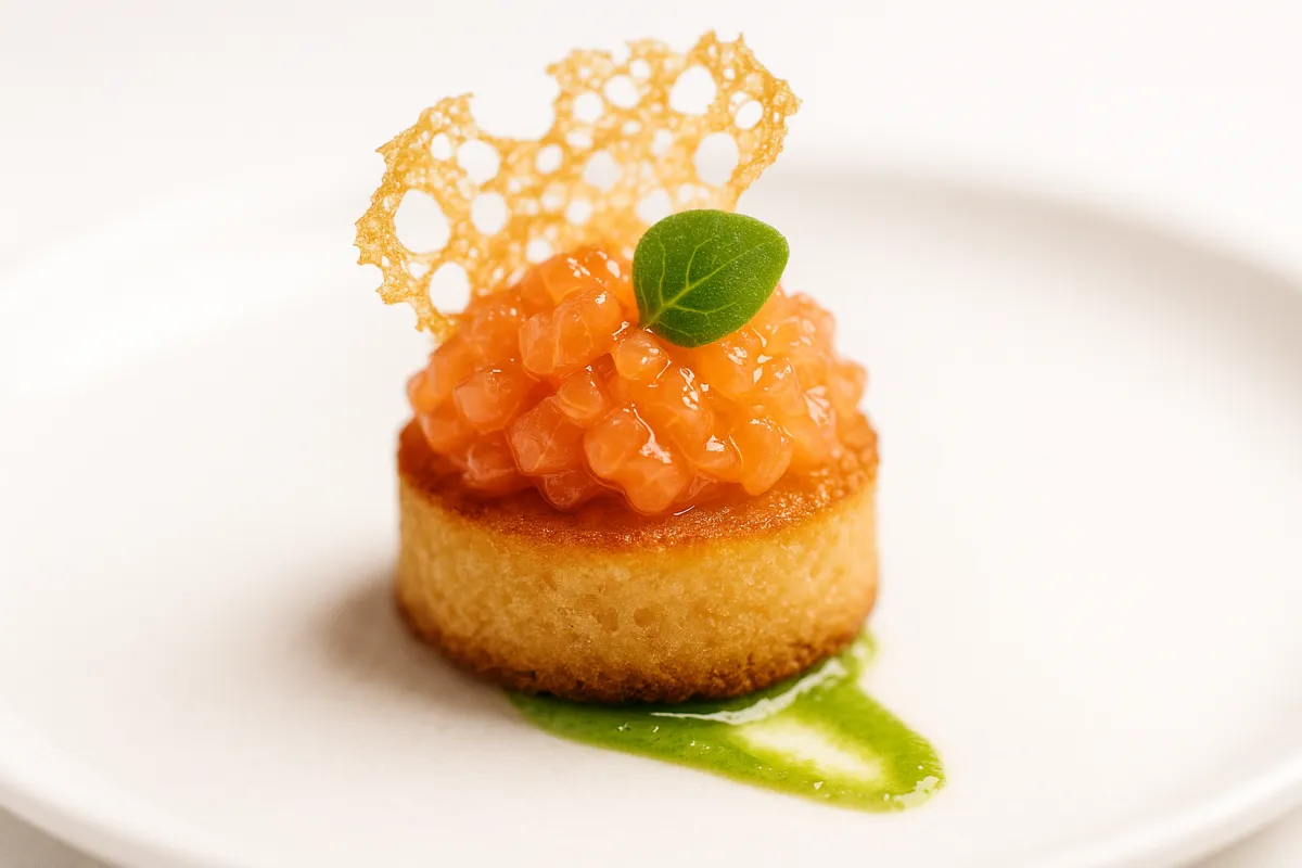 Close-up of delicate amuse-bouche on porcelain with vivid texture and meticulous plating.