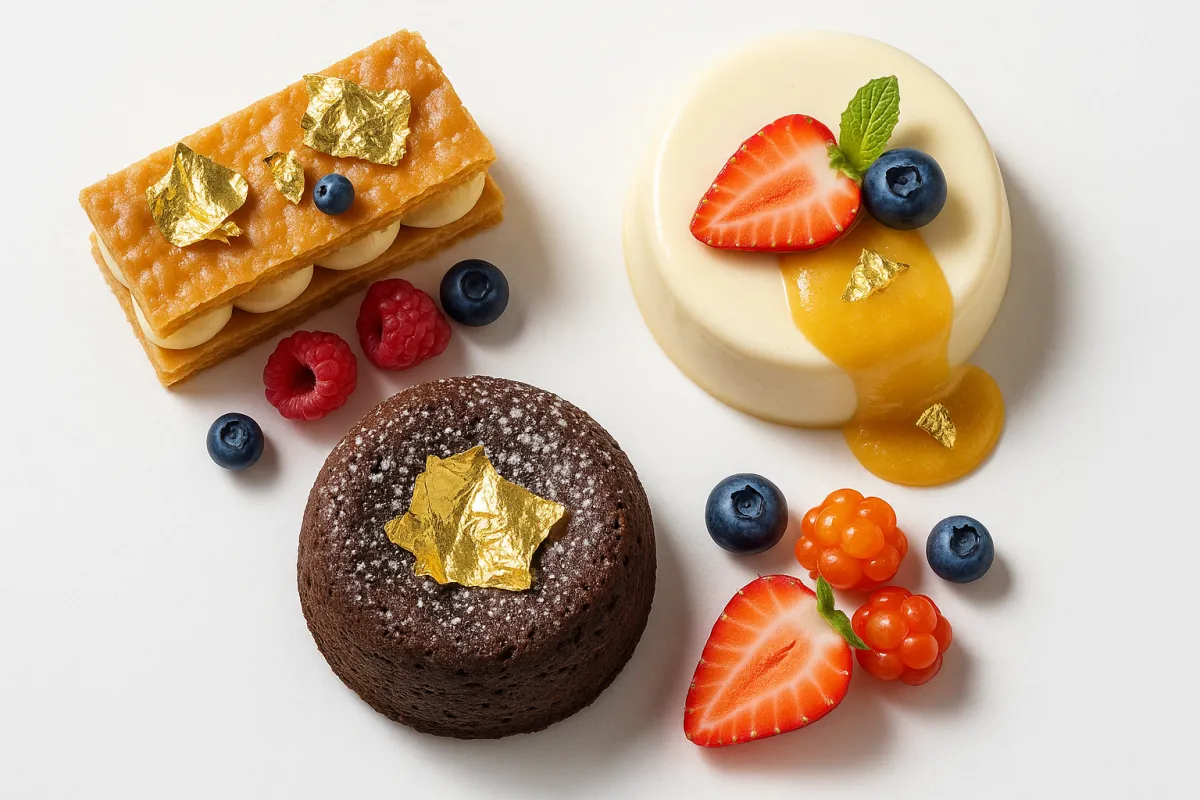 Overhead of a dessert trio with edible gold leaf and seasonal fruit, crisp textures emphasized.
