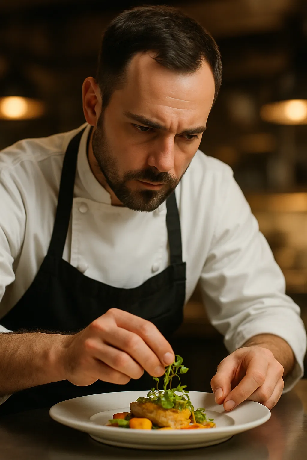 Chef plating at the pass in a photorealistic mid-shot