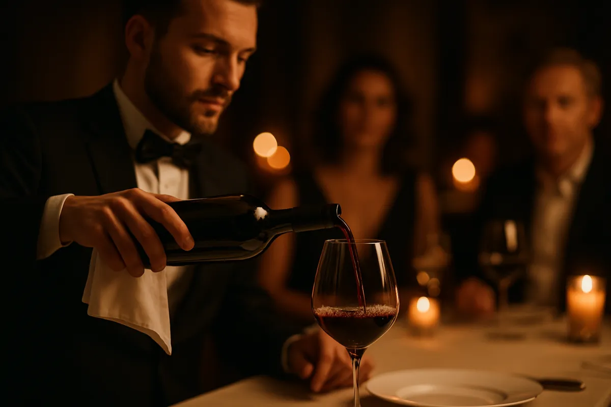 Sommelier pouring red wine at the table with guests in soft focus and warm lighting.