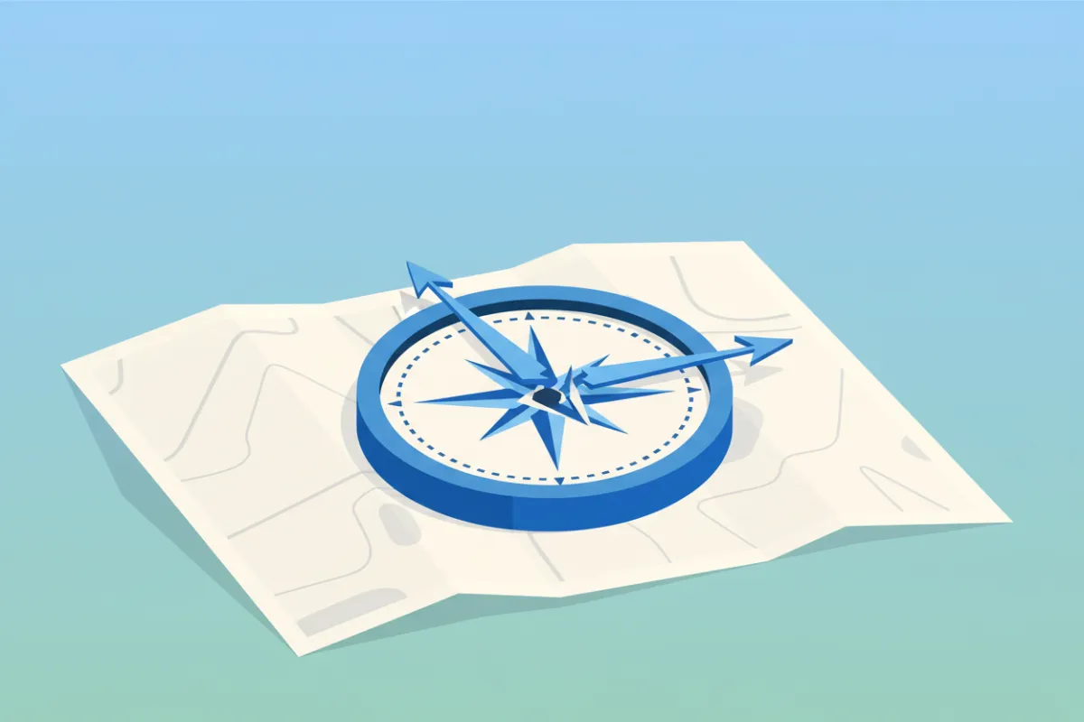 A stylized, modern illustration of a blue compass with a broken needle, resting on a blank map. The background is a soft gradient of blue and teal, evoking a sense of being lost but hopeful. No people are present. 3:2 aspect ratio.