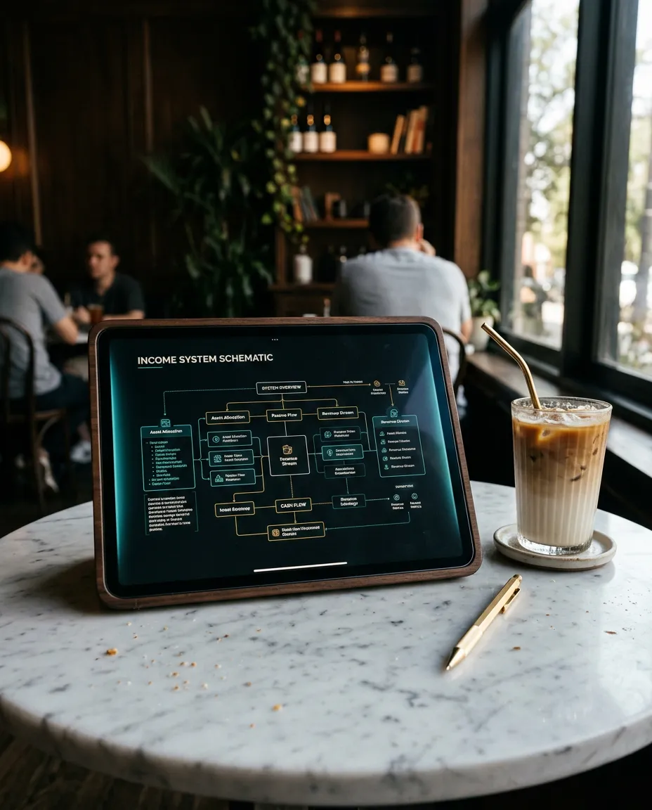 Editorial post preview with high-level income system schematic on tablet