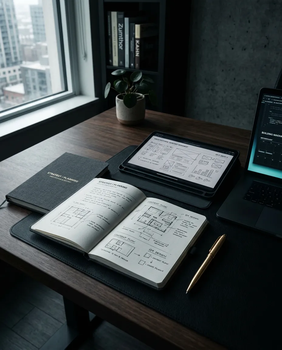Editorial post preview showing executive desk and architectural strategy notebook
