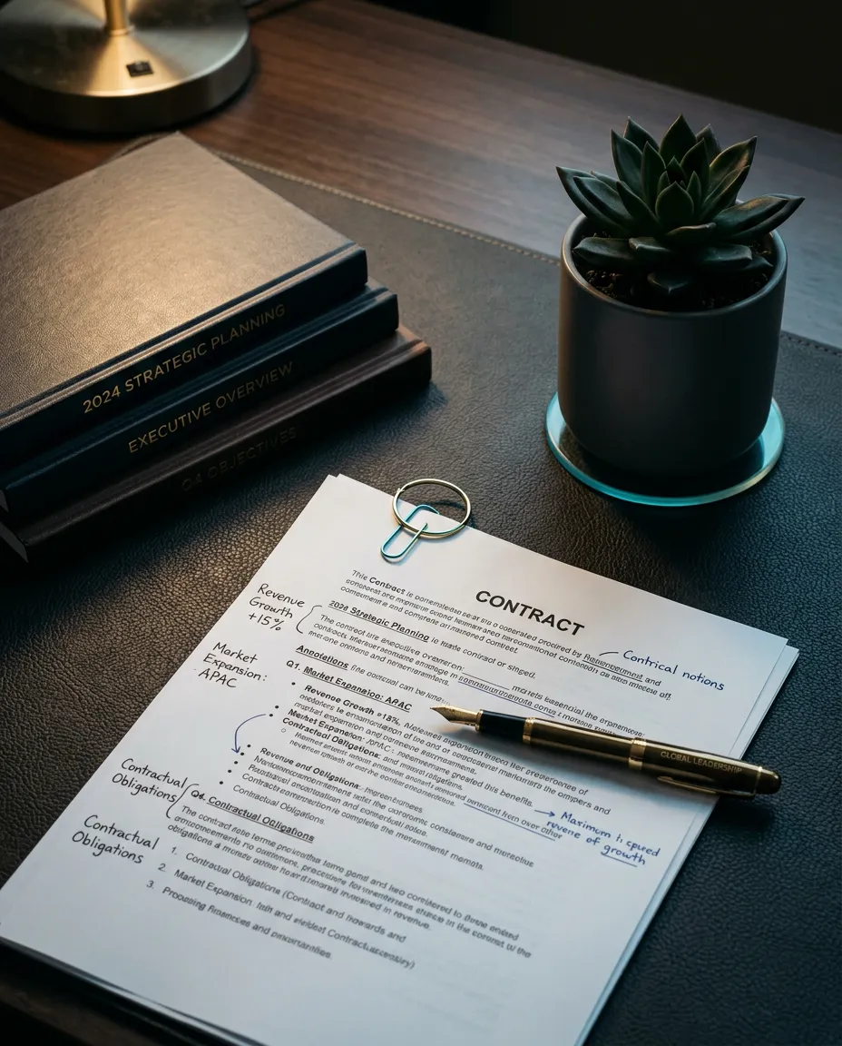 Editorial post preview showing executive framework and strategic contract terms