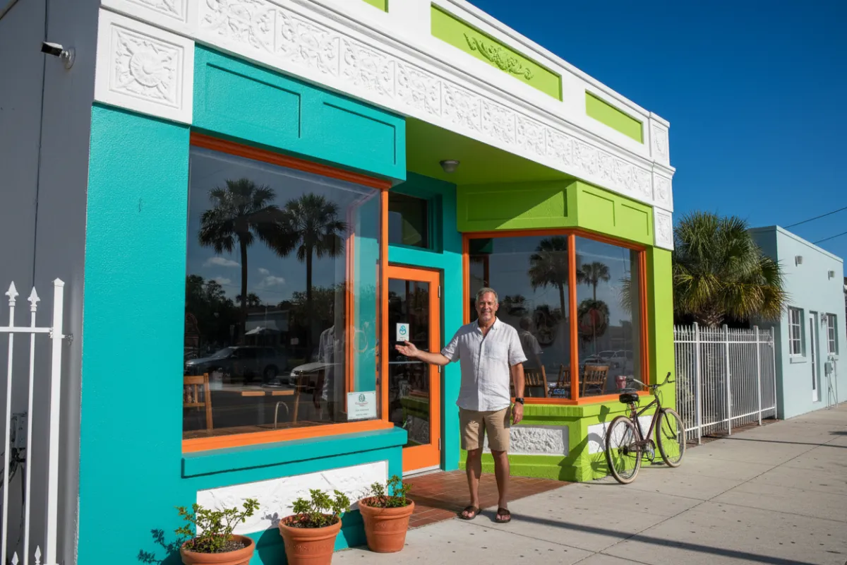 A small Florida café exterior with vibrant new paint and expertly restored stucco, palm trees reflected in windows, a smiling owner standing outside, and a clear blue sky. 3:2 aspect ratio, documentary style.