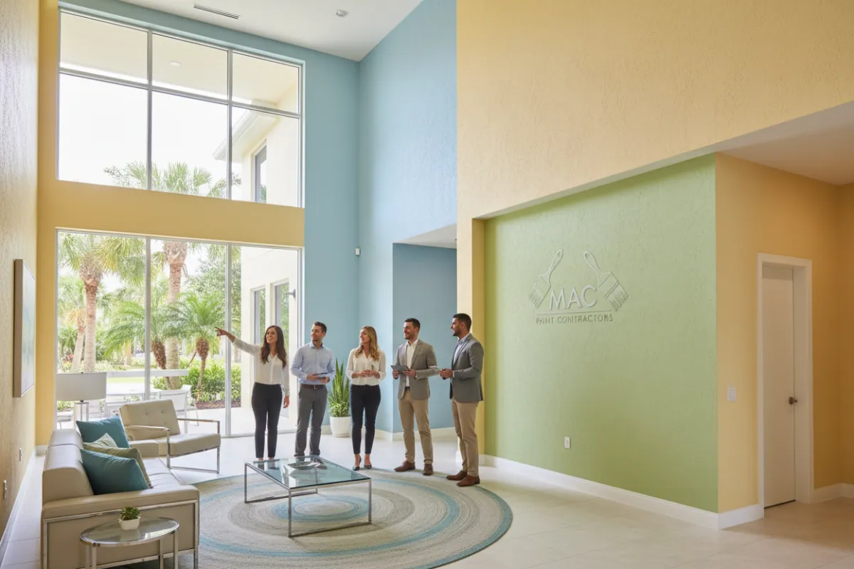 A modern Florida business lobby with fresh, vibrant paint and smooth stucco walls, sunlight streaming through large windows, a diverse team of professionals admiring the transformation, contemporary furnishings, and a subtle MAC Paint Contractors logo on a wall. 3:2 aspect ratio, realistic style.