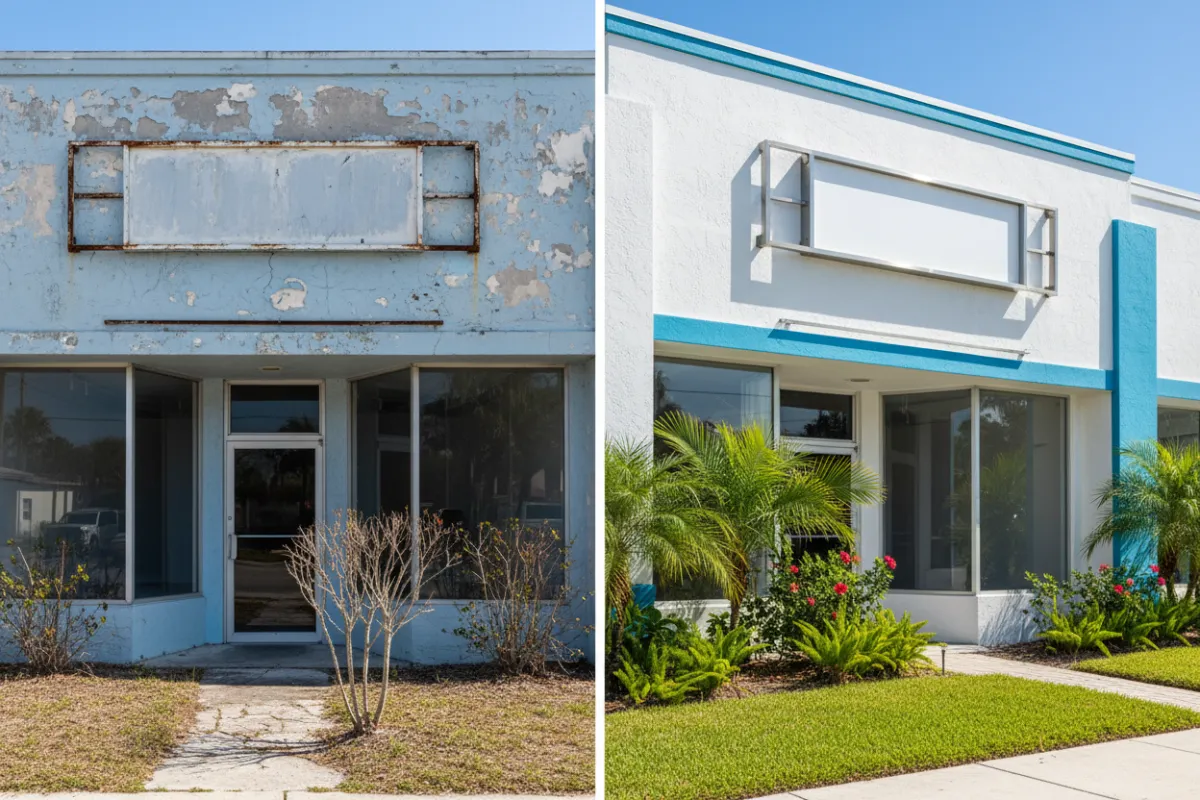 A before-and-after split image of a Florida retail storefront, left side faded and cracked, right side freshly painted and stuccoed, with new signage and bright landscaping. 3:2 aspect ratio, editorial style.