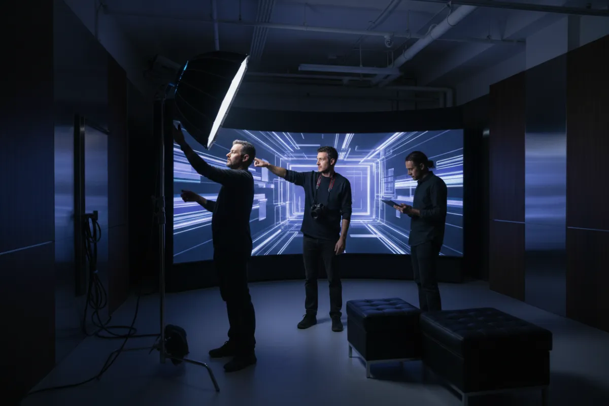 Equipo pequeño de 3 profesionales en set de producción (técnicos y creative directors), ambiente premium, luz controlada; estilo fotográfico profesional, composición horizontal, tono cool shadows.