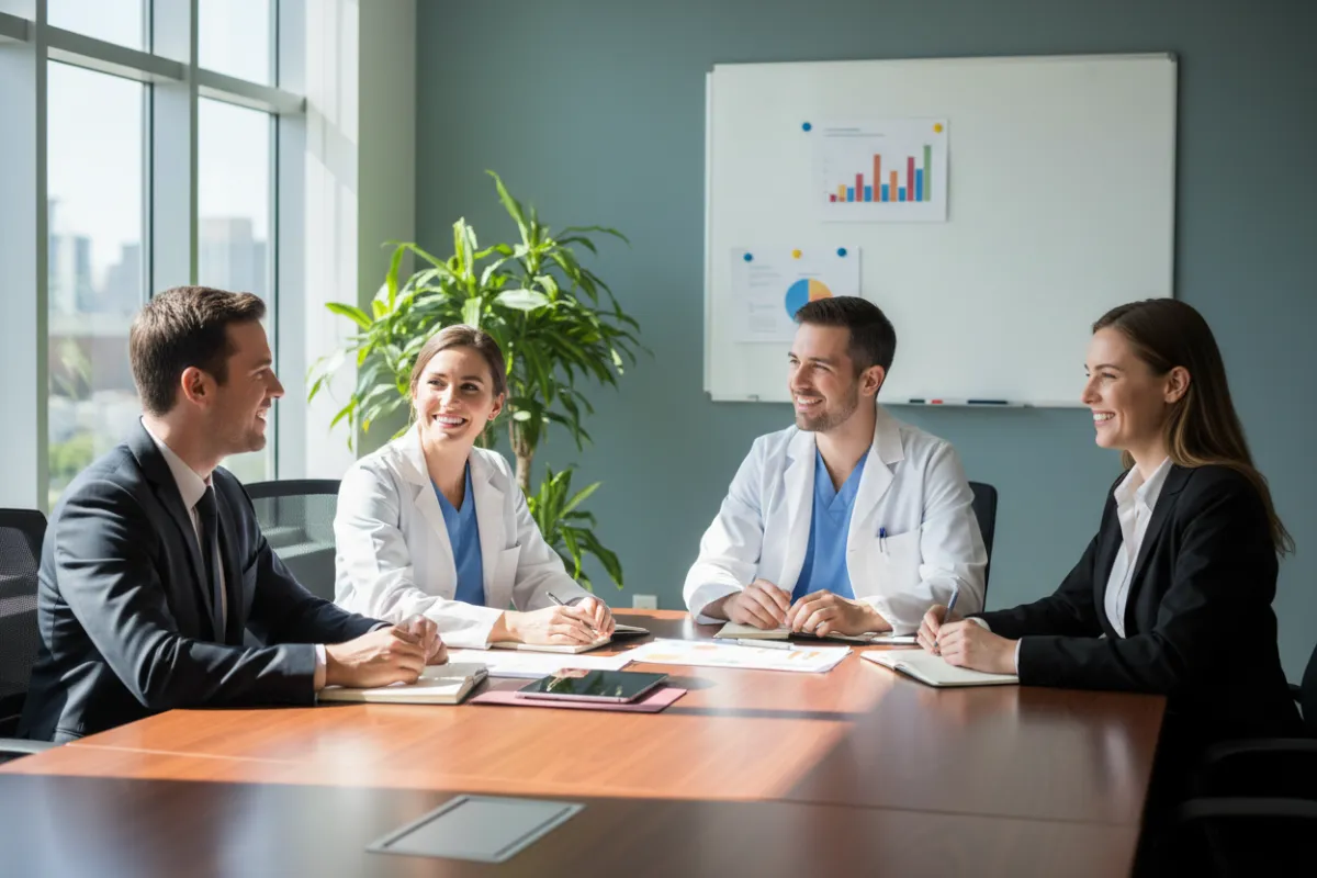 Healthcare professionals in a calm, modern clinical workspace