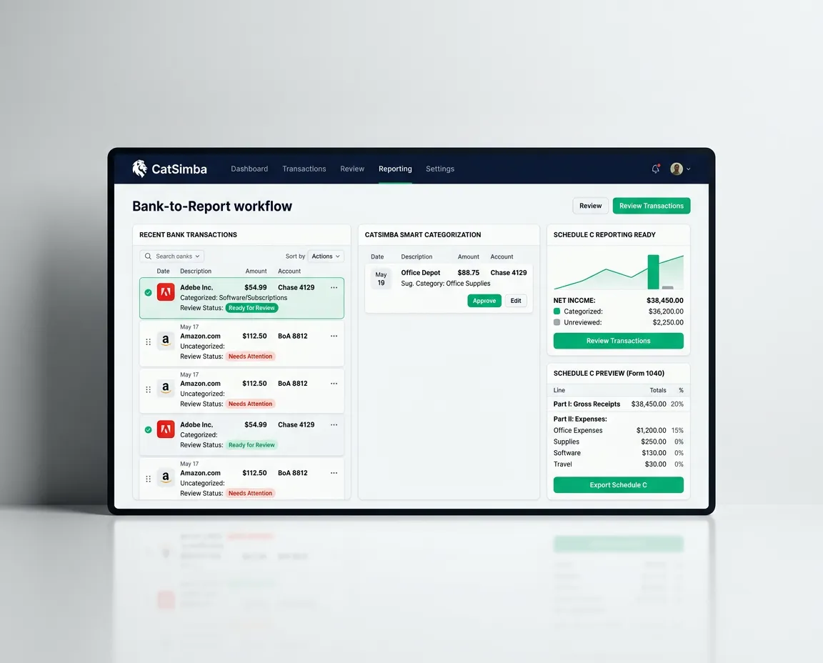 CatSimba Automated Bank-to-Report SaaS Interface Mockup for Tax and Accounting Firms