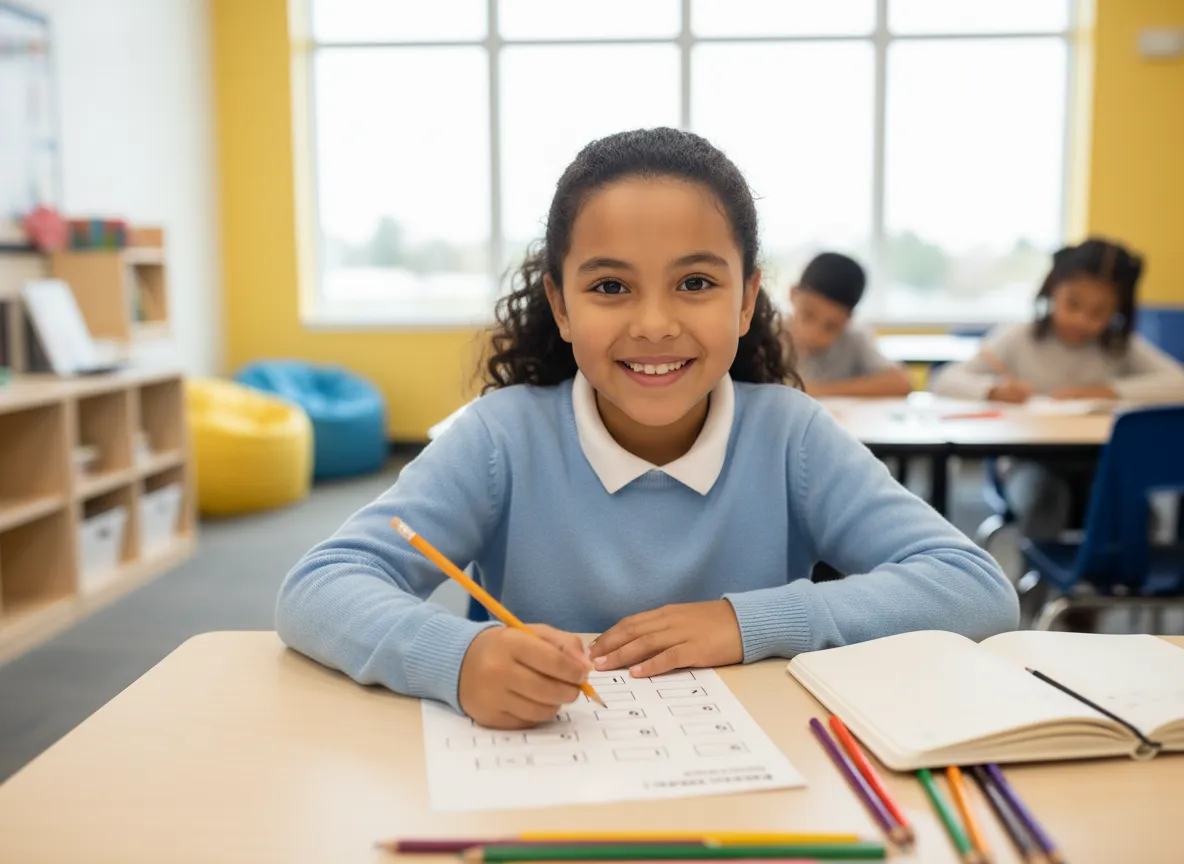 Confident student smiling after math assessment