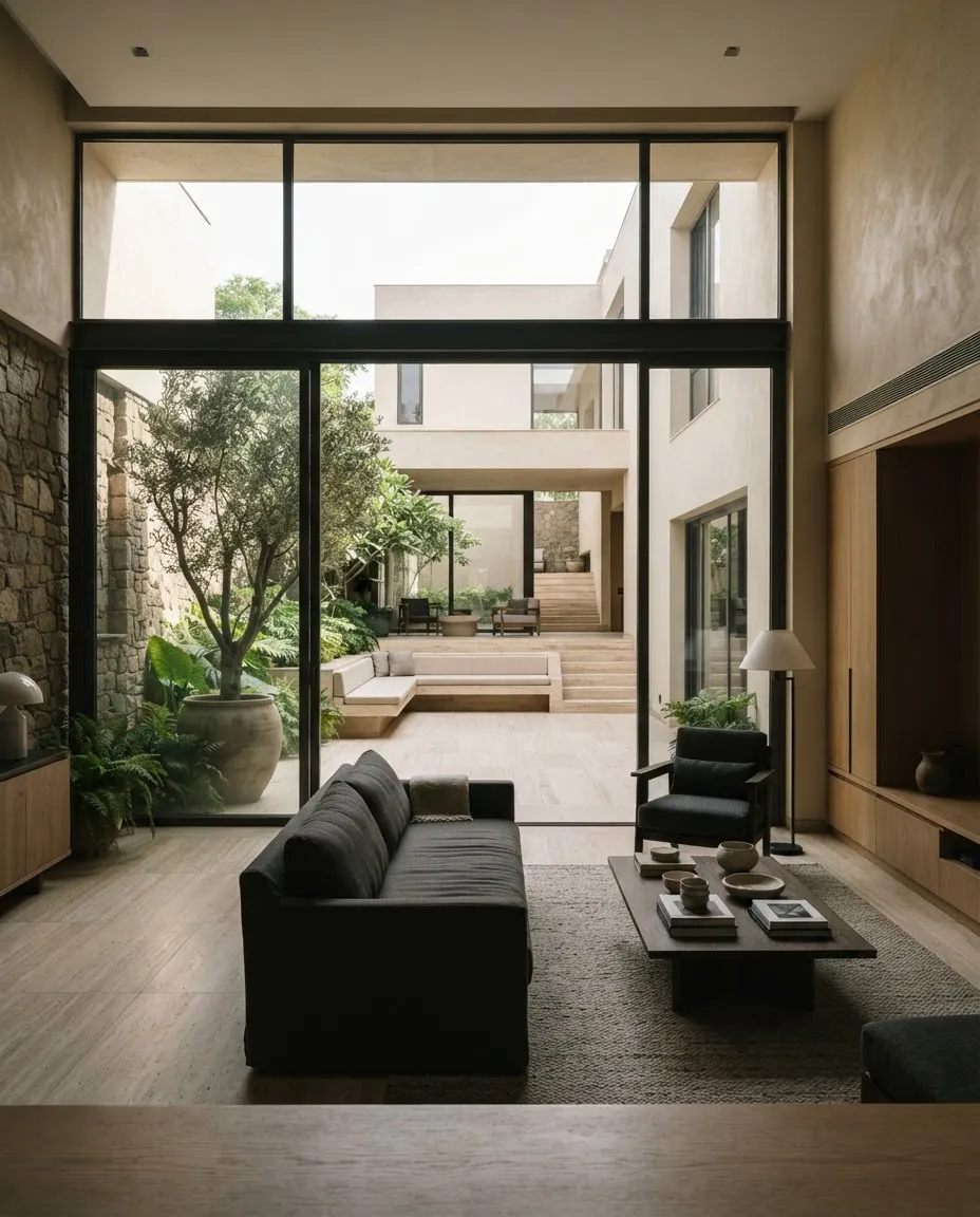 Vasant Vihar Courtyard Villa featuring seamless indoor-outdoor transitions and travertine floors