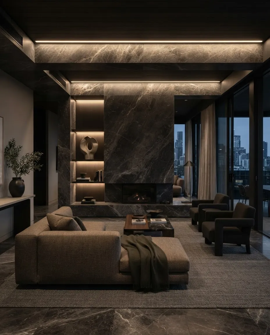 The Camellias Penthouse living pavilion showcasing monolithic marble and recessed warm lighting