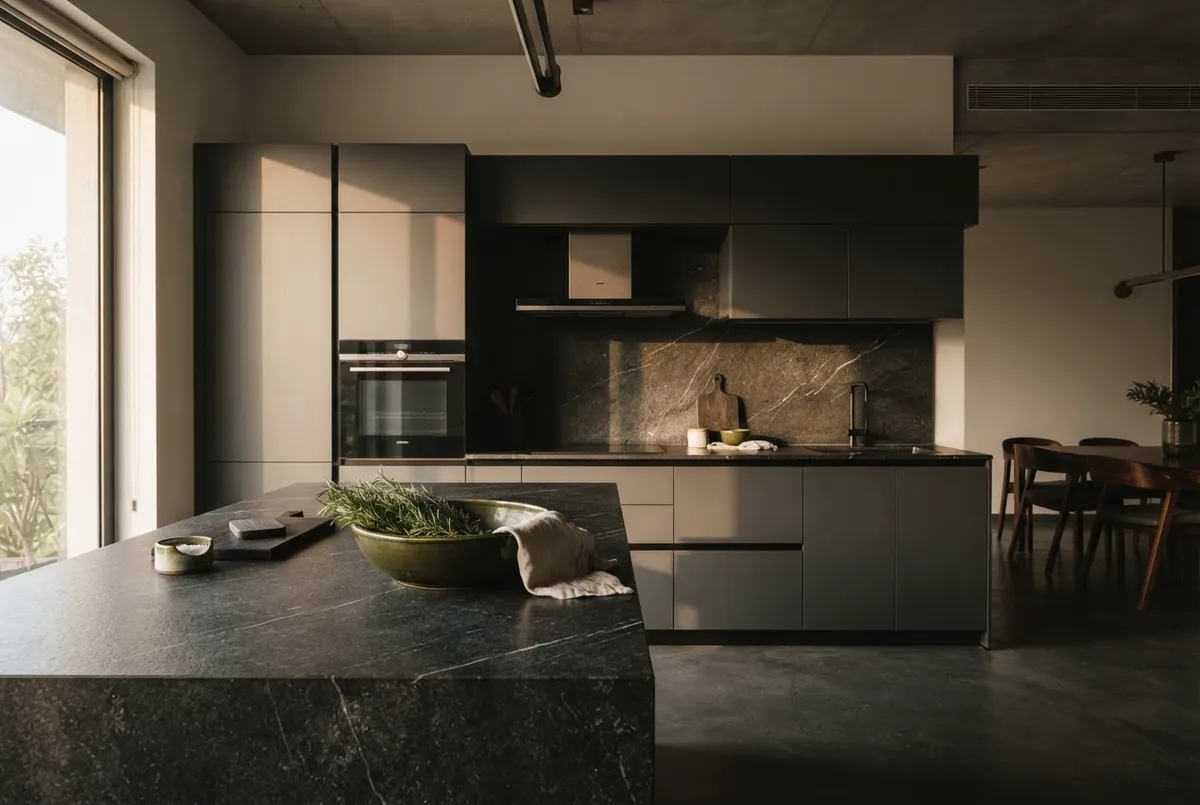 Minimalist luxury modular kitchen with premium stone surfaces
