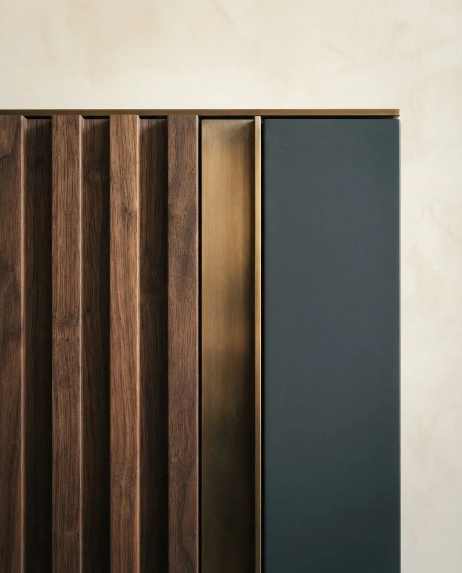 Detail of custom architectural joinery, precision fluted walnut panels, and hand-finished bronze reveals