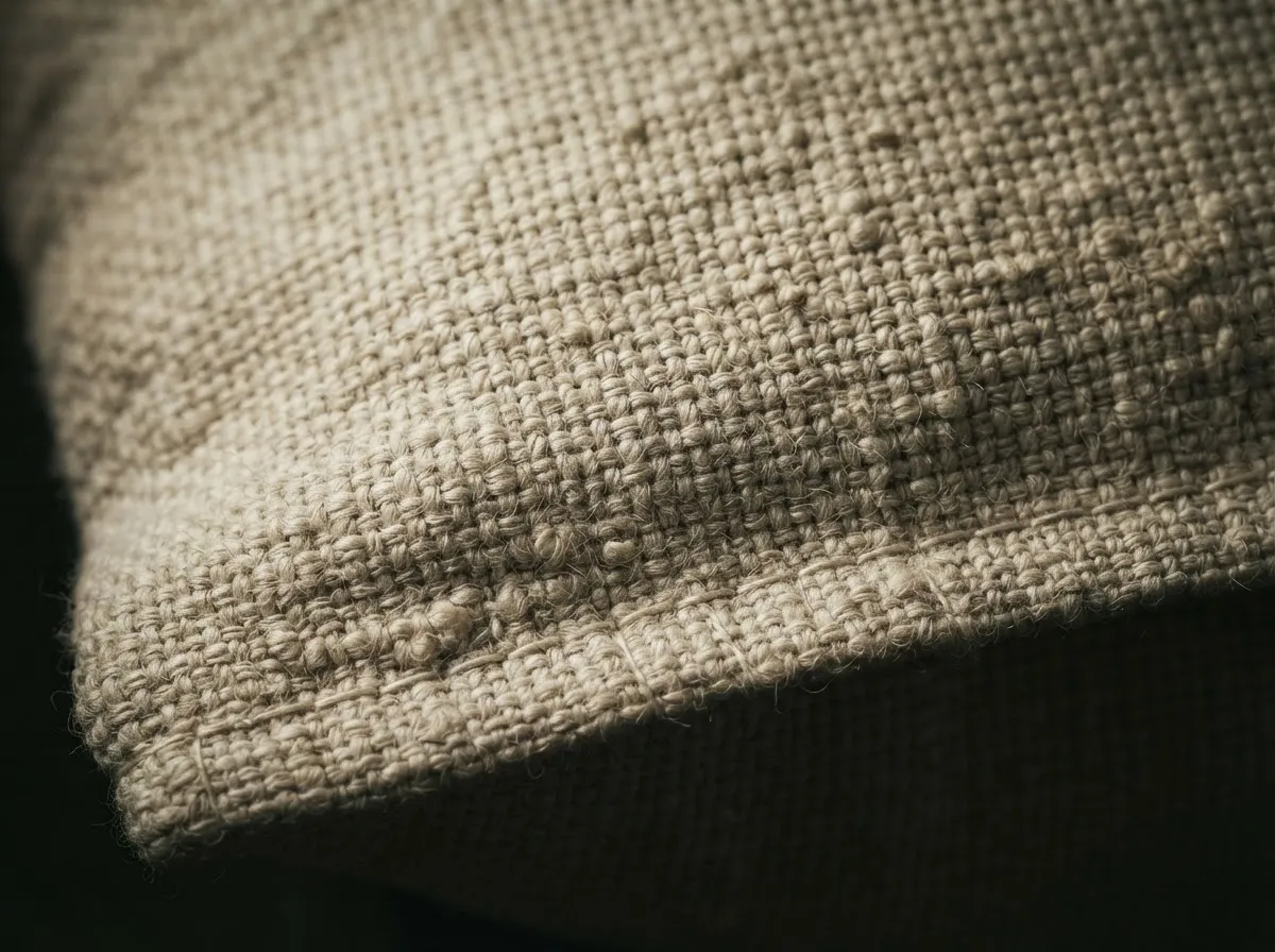 High-macro texture of heavy acoustic Belgian architectural linen weave with meticulous edge finish