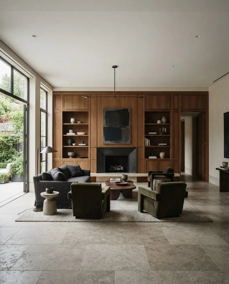 The Magnolias private residential interior featuring bespoke teak wall paneling and natural stone