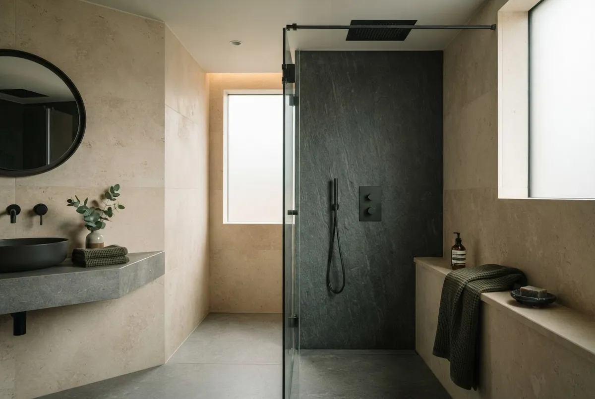 Luxury spa bathroom with honed stone and concealed thermostatic fixtures