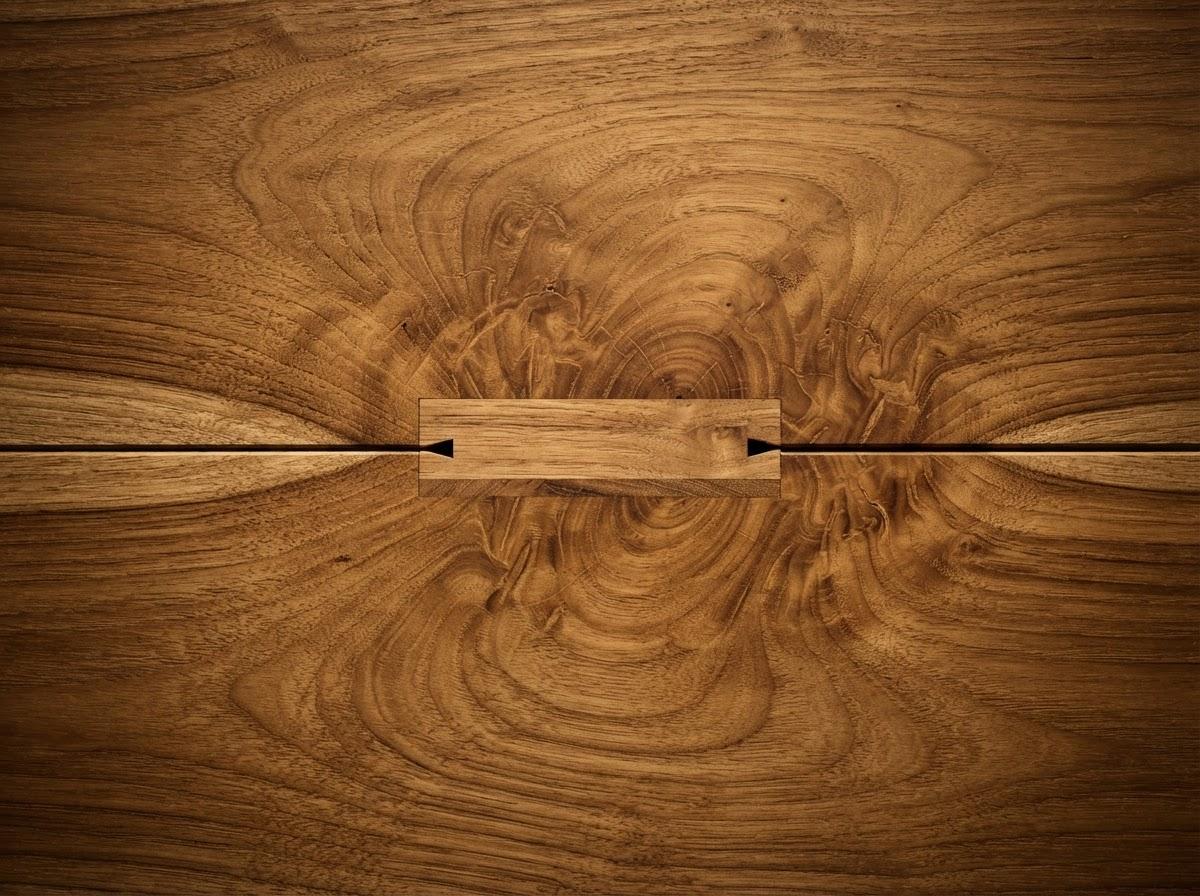 High-macro photograph of natural Burmese teak timber grain with precision architectural joint detailing