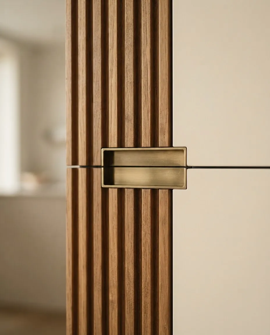 Meticulous custom fluted wood millwork and flush joinery detailing in a luxury residence