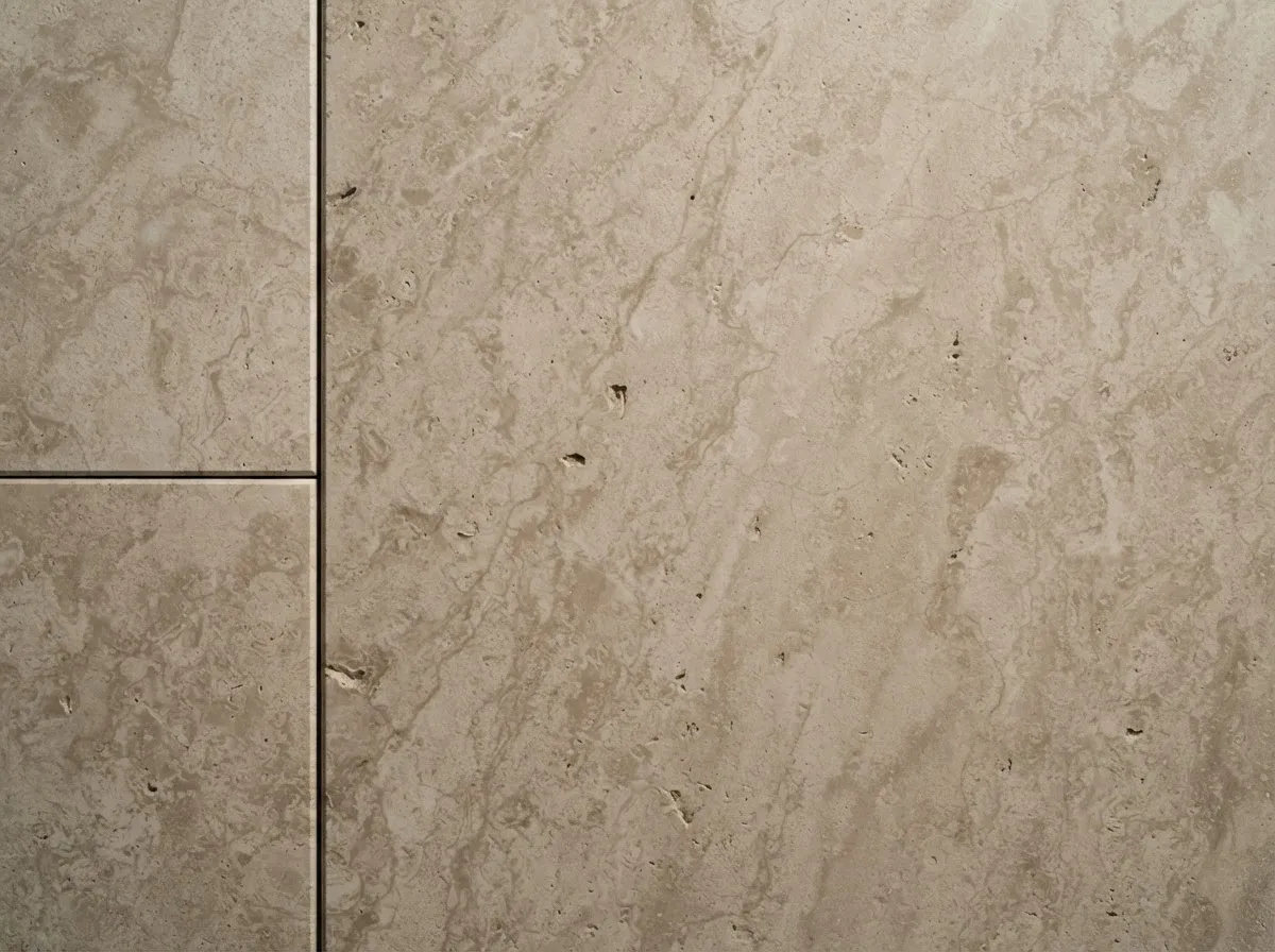 High-macro photograph of honed natural travertine stone with dry-lay architectural edge detailing
