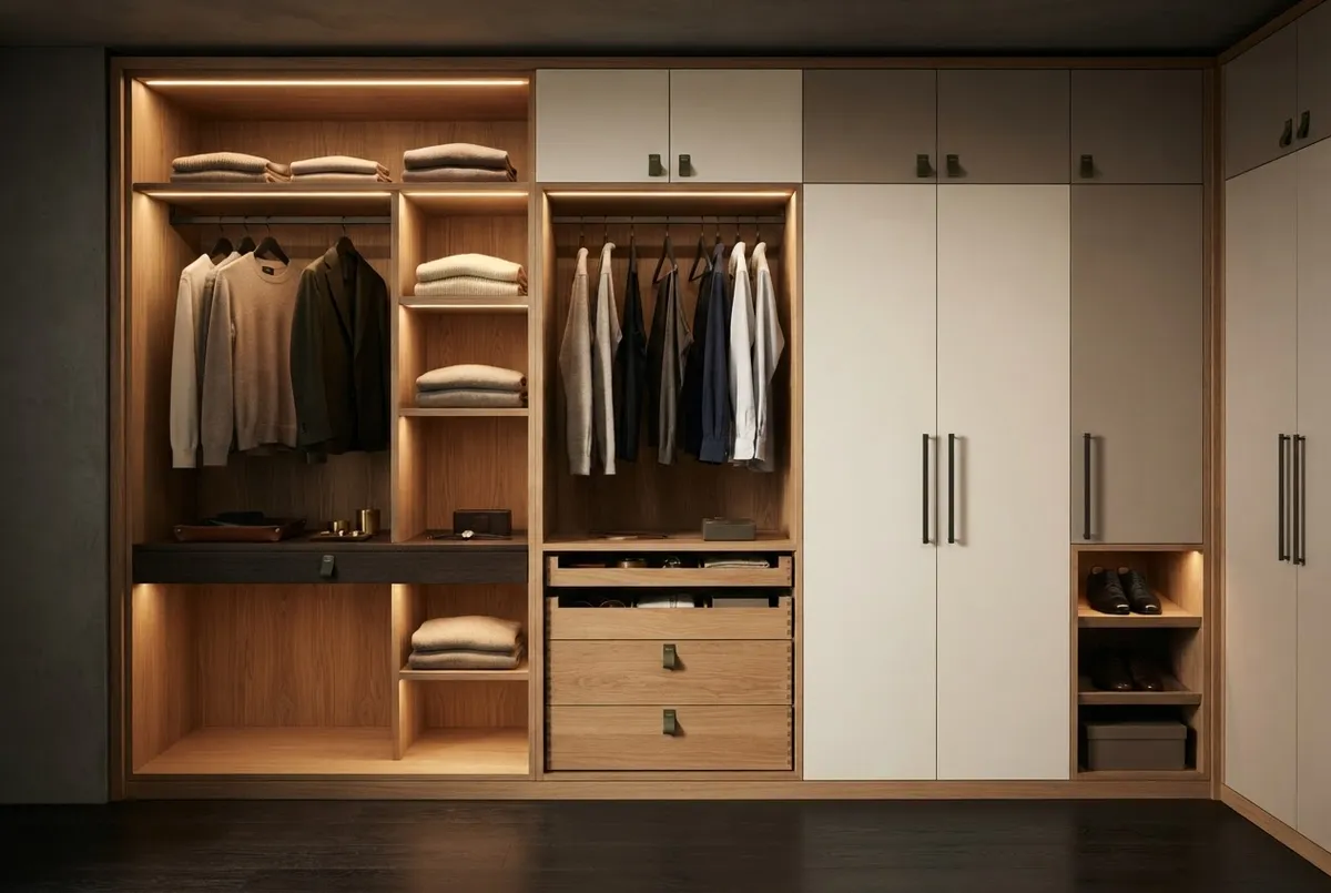 Floor to ceiling custom architectural wardrobe with warm internal lighting