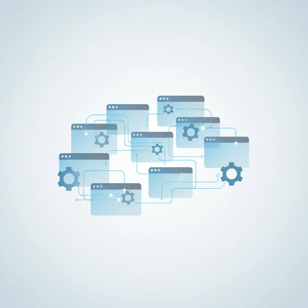 A conceptual illustration of interconnected app windows and gears, representing data being used to enhance user experience. The design is abstract, with blue and gray tones, and no people, in a clean SaaS style.