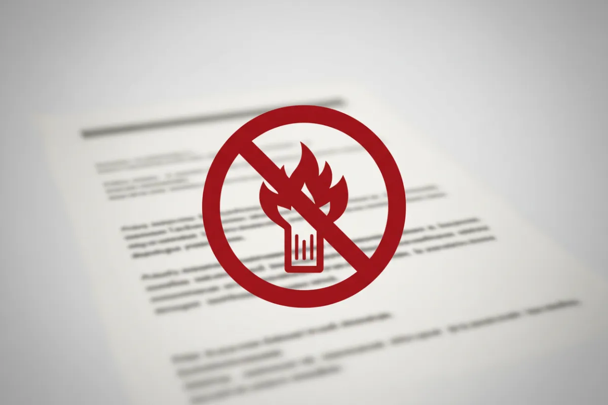 A red warning symbol over a blurred document, representing the prohibition of illegal content. The background is neutral, focusing attention on the warning and the importance of compliance with laws.