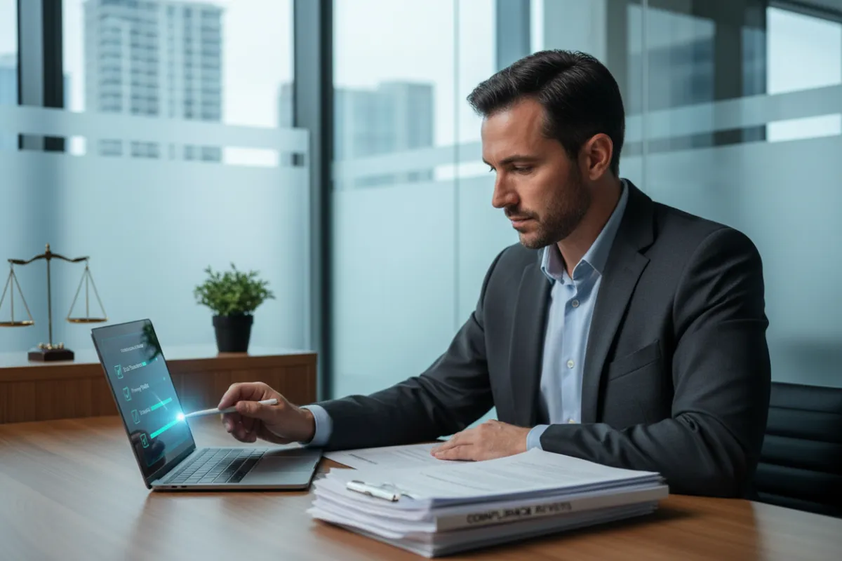 A business professional reviewing compliance documents at a desk, with a laptop and digital checklist. The setting is a modern office, emphasizing responsibility and ethical conduct in SaaS transactions.