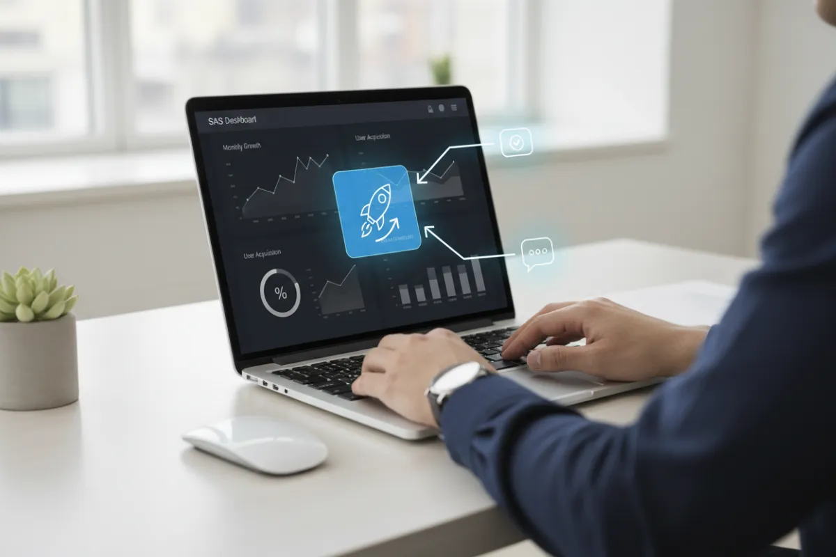 A SaaS dashboard displayed on a laptop, highlighting a new product feature with clear, concise annotations. The workspace is tidy, with a tech-savvy user reviewing the interface, ensuring accurate representation.