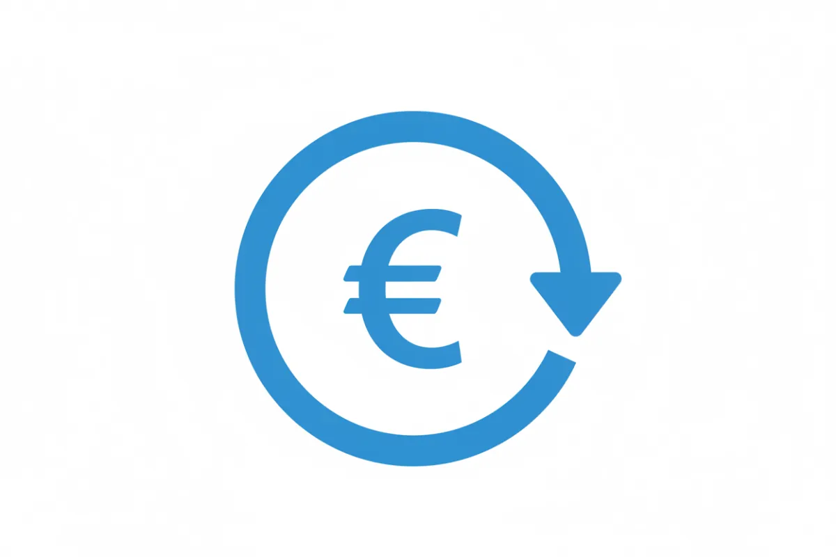 A flat icon of a circular arrow around a currency symbol, representing refunds.
