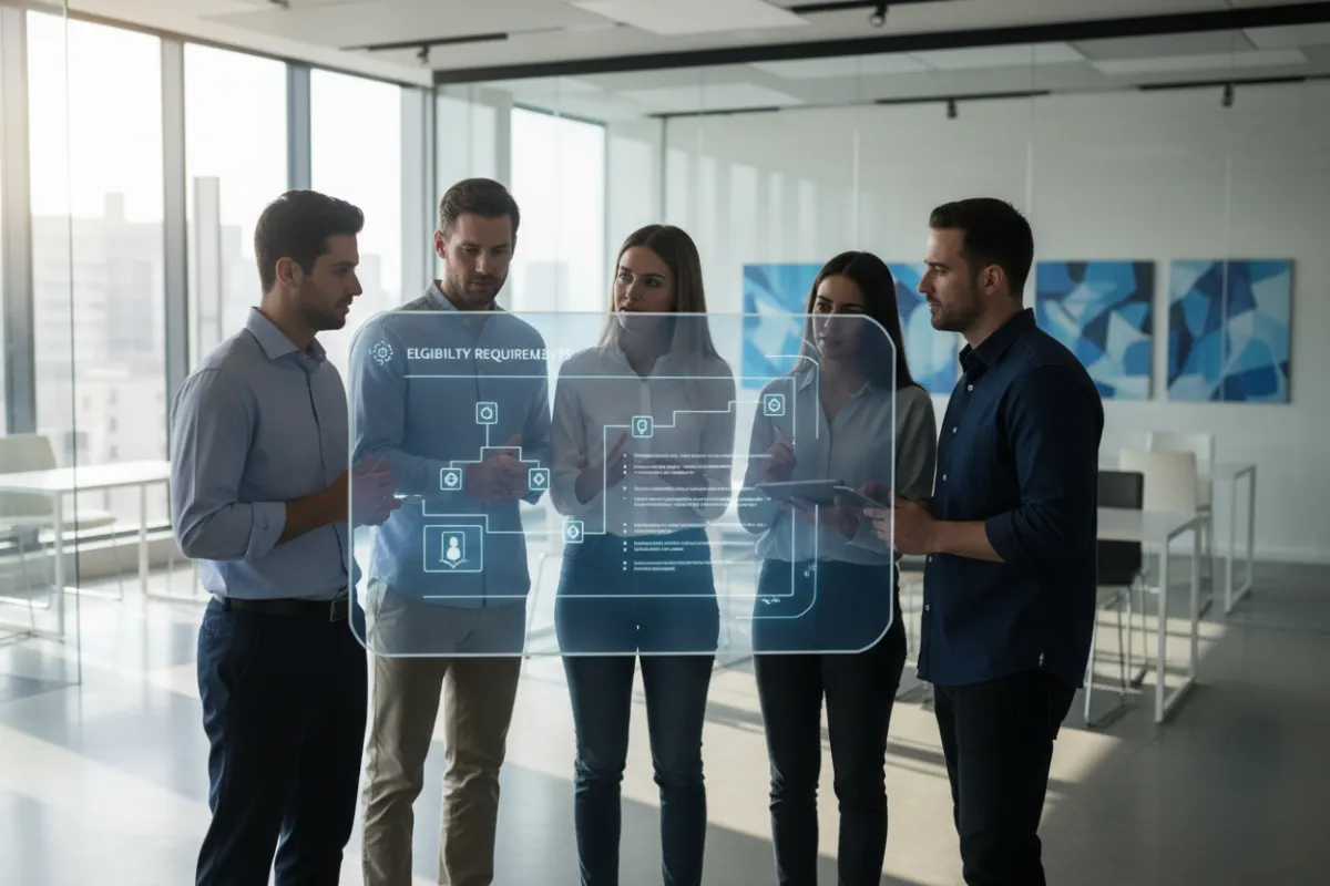 A diverse group of SaaS users reviewing eligibility criteria on a large digital screen in a bright office setting. The group includes men and women of different ages and backgrounds, all focused and engaged. The environment is modern, with blue and white tones, and the mood is collaborative.