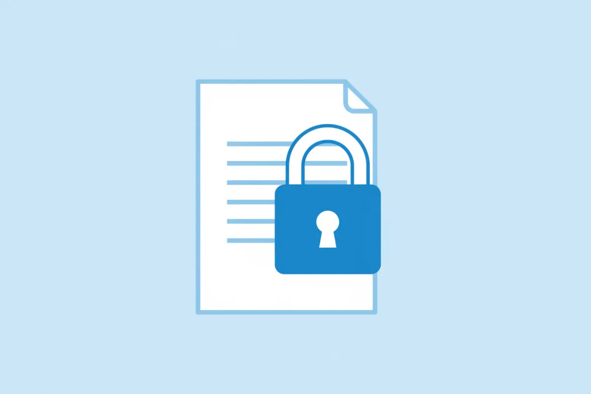 A flat icon of a closed padlock over a document, symbolizing privacy and data protection.