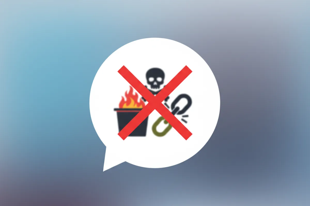 A crossed-out speech bubble with offensive symbols, set against a muted background, representing the ban on offensive or explicit material. The image is clear and direct, emphasizing platform safety.