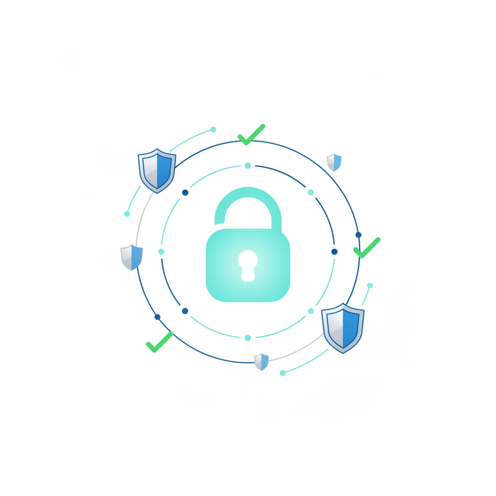 A digital lock icon surrounded by abstract security elements, such as shields and checkmarks, on a white background. The illustration is clean, modern, and technical, with no people, reflecting robust data protection.