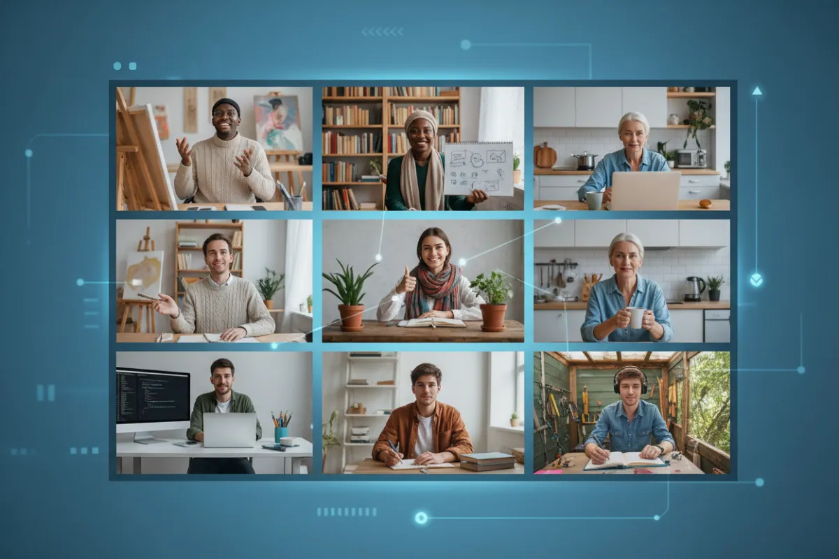 A virtual meeting with users from different backgrounds offering support and advice, each in their own workspace, connected via video call. The image conveys inclusivity and constructive community engagement.