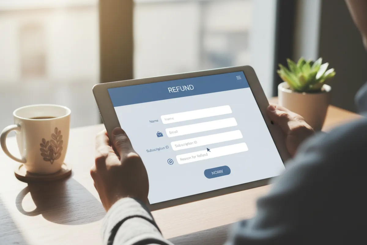 A close-up of a SaaS user filling out a digital refund form on a tablet, with clear fields for name, email, subscription ID, and reason. The workspace is tidy, with a coffee mug and a plant, and the interface is clean and user-friendly. The lighting is soft and inviting.