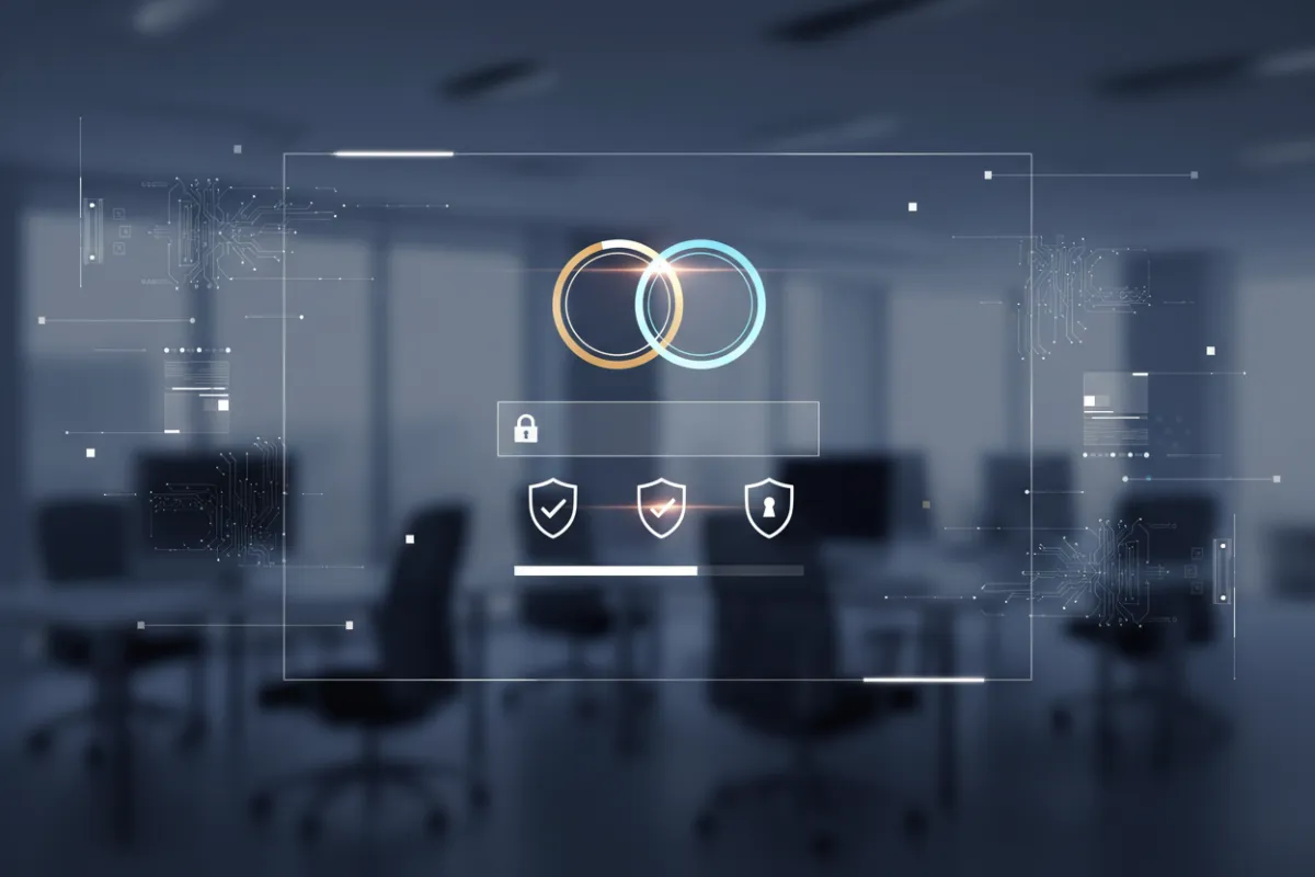 A close-up of a secure login screen with multi-factor authentication, overlaid with digital security icons. The background is a blurred office, highlighting the platform’s commitment to fraud prevention.
